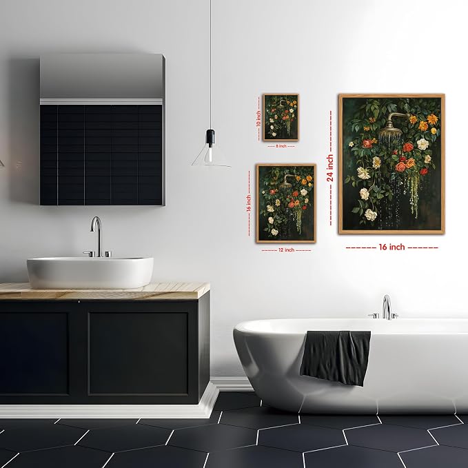 Floating Framed Floral Shower Wall Art, Vintage Botanical Flower Canvas Print - Image 3