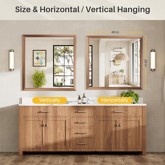 40x38 Inch Bathroom Mirror for Wall, Anti-Rust Walnut Wood Grain Metal Framed - Image 7