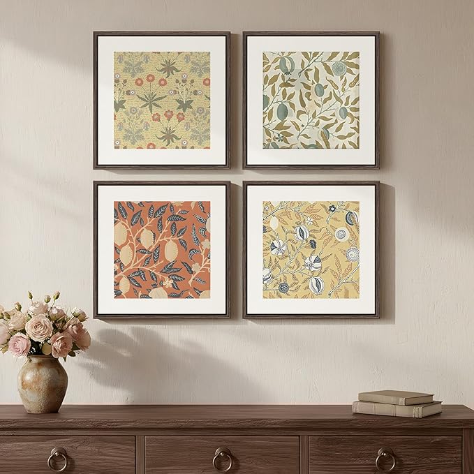 Framed William Morris Wall Art Set of 4, Vintage Botanical Floral Fruit Pattern by Cuspin