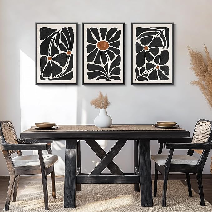 Large Framed Black and White Boho Floral Wall Art, 3 Piece Vintage Botanical - Image 4