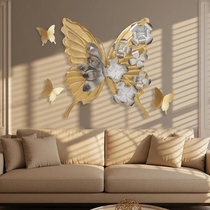 XWYLFDC Large Sized 3D Metal Wall Art Featuring Golden Butterfly - Image 2