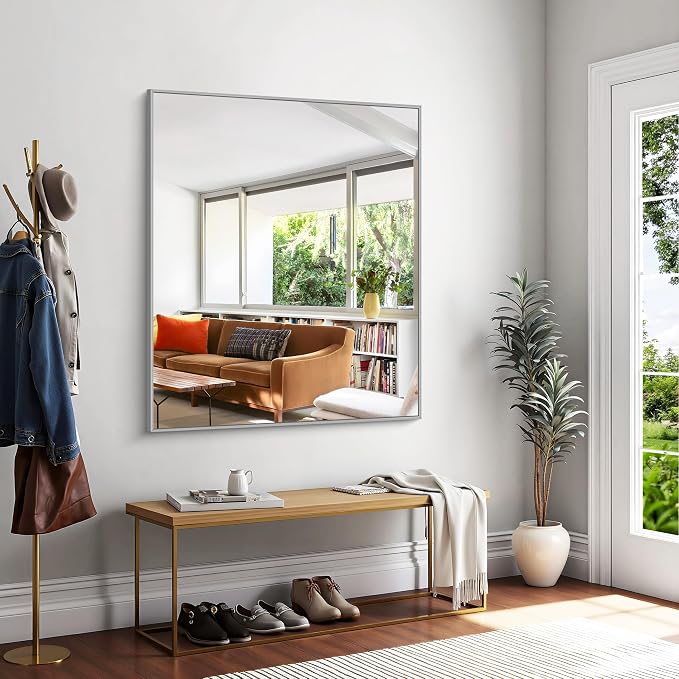 KOCUUY Silver Framed Mirror, HD Tempered Glass, Anti-Rust Brushed Silver Frame - Image 9