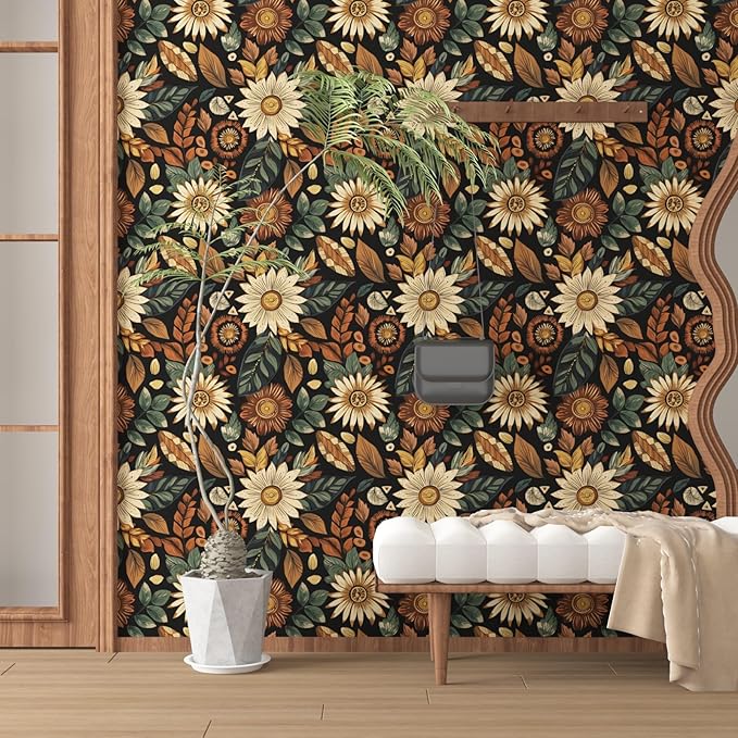 Boho Wallpaper Peel and Stick, Vintage Black Brown/Green Floral Contact Paper - Image 2