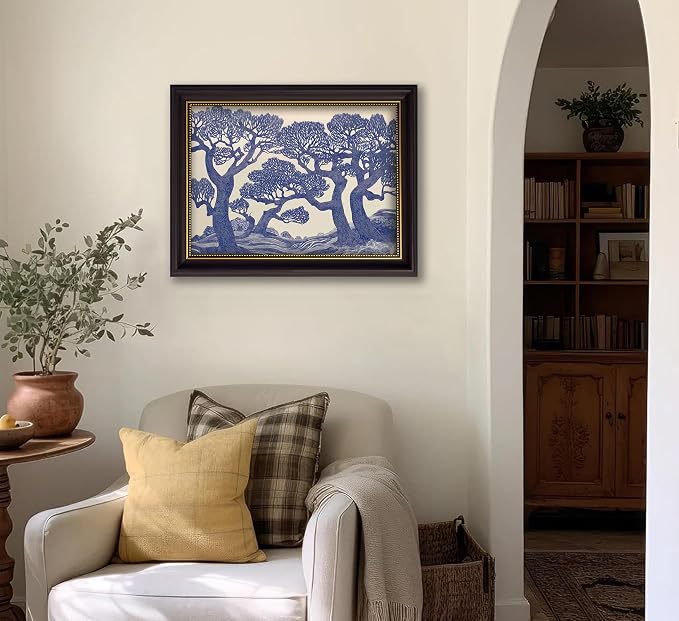 Vintage Gold Framed Wall Art Oak Tree Forest Painting Canvas Prints Blue - Image 8