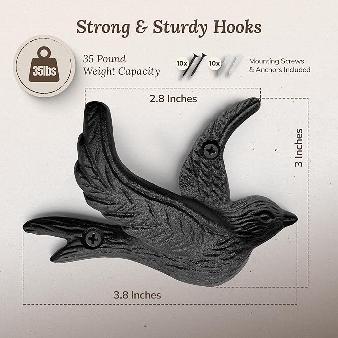 Flying Bird Cast Iron Hooks Non Rusting Interior or Exterior Decorative Wall - Image 2
