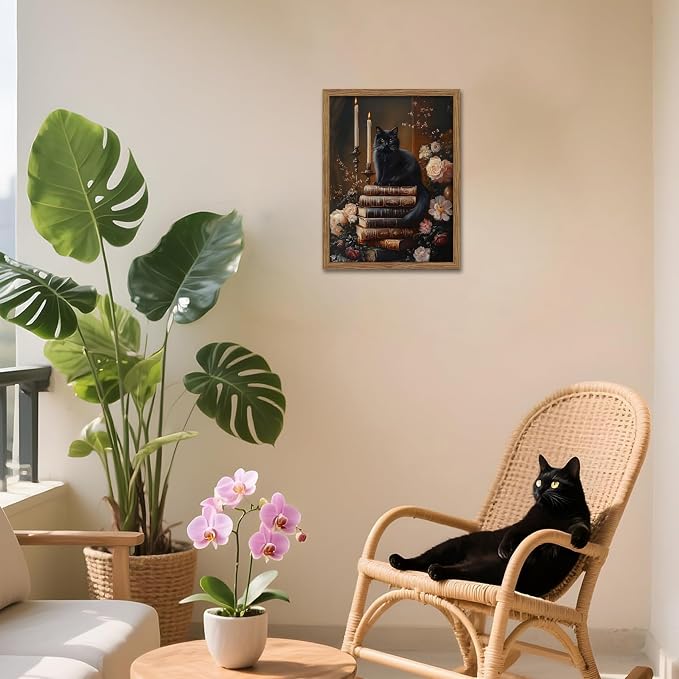 Vintage Dark Academia Framed Wall Art, Victorian Black Cat Floral Canvas Prints - Image 4