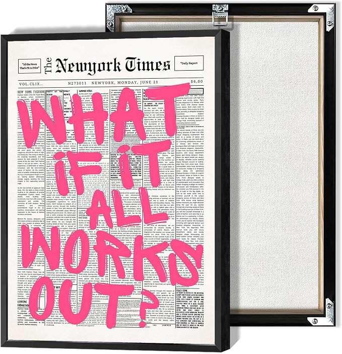 Drimiler Retro Newspaper Pink Font Poster What If It All Works Out Canvas Wall by Drimiler
