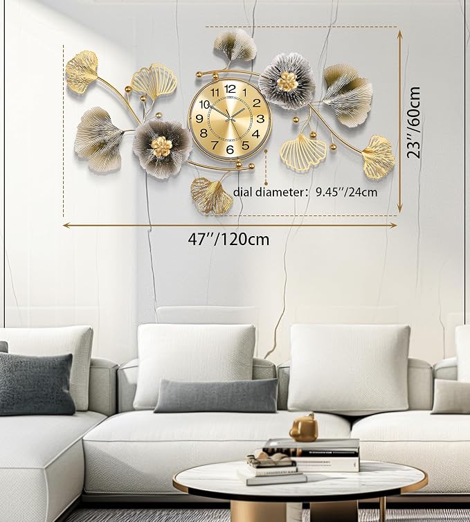 Wall Clocks for Living Room Decor, Large Wall Clock, 3D Creative Metal Ginkgo - Image 2