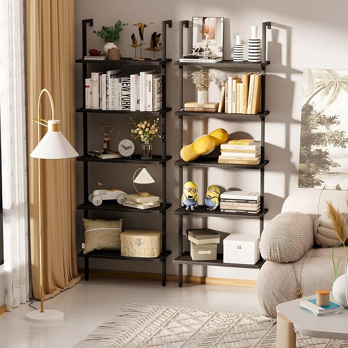 aboxoo Ladder Shelf 2PCS Open Bookshelf 5-Tier Wood Wall-Mounted Black Bookcase - Image 4