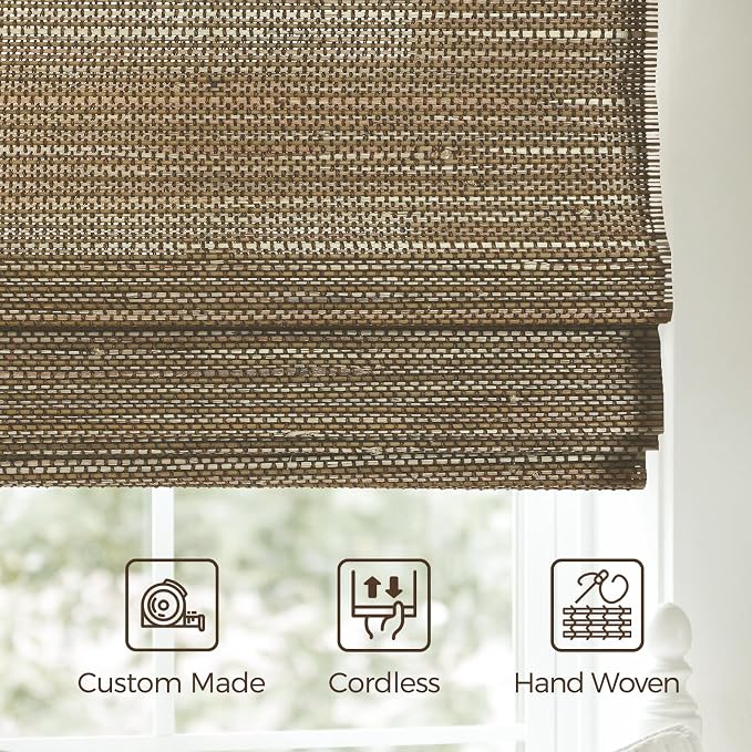 TWOPAGES Natural Woven No Drill Roman Shades, Custom Cordless Blackout Bamboo - Image 4