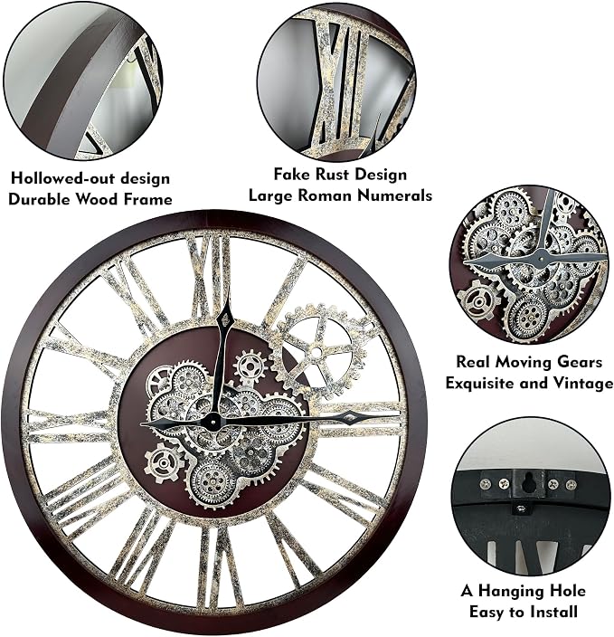 The B-Style Large Real Moving Gears Wall Clock 30 inch Rustic Retro Industrial - Image 3