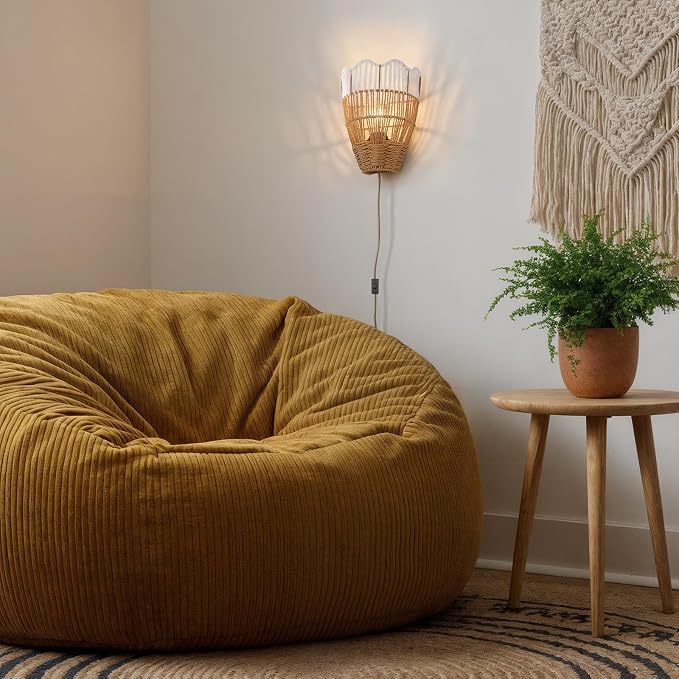 Plug-in Boho Wall Sconces Set of 2, Handwoven Rattan Wall Lights - Image 5