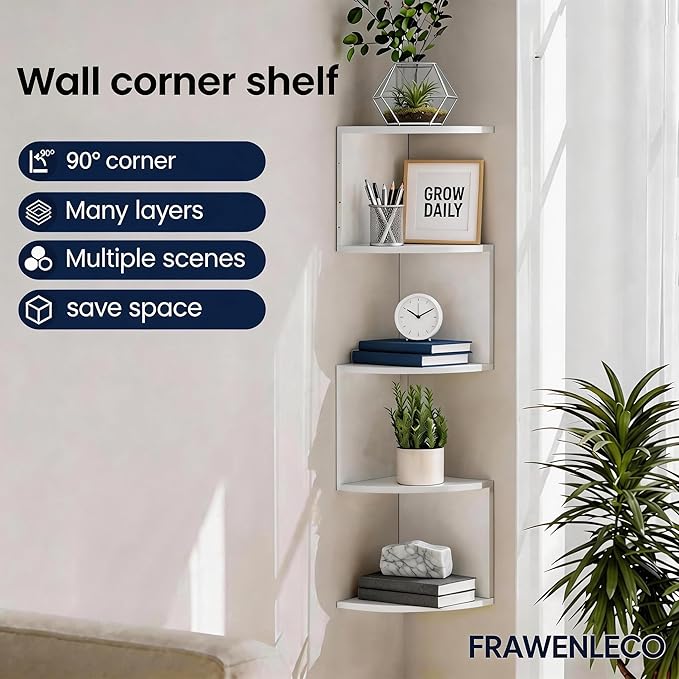 5-Tier Corner Shelf Wall Mount, Screw-Mounted Floating Bookshelf - Image 7
