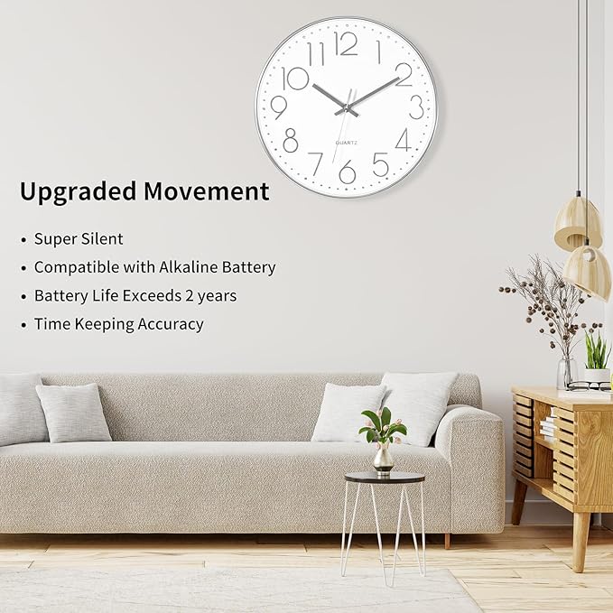 Foxtop Silver Wall Clock Silent Non-Ticking Battery Operated Round Modern Wall - Image 3