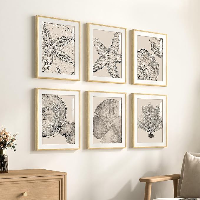 Framed Coastal Wall Art for Living Room, 6 Piece Neutral Black Beige Modern - Image 2
