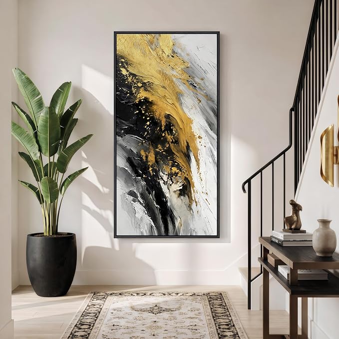 Large Framed Black and White Gold Abstract Wall Art, Modern Vertical Canvas - Image 2