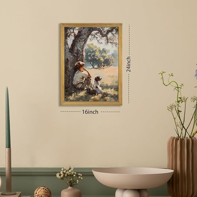 Wood Framed Canvas Wall Art, Vintage Boy and Dog Painting Poster, Countryside - Image 4
