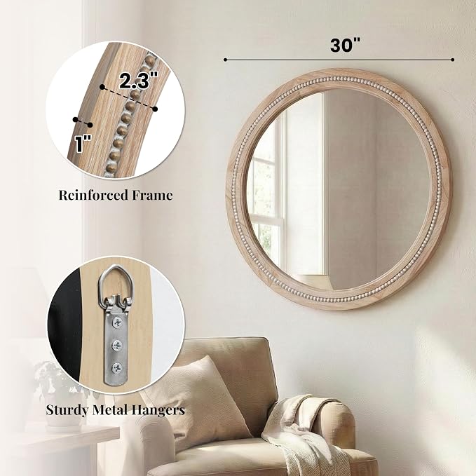 30" Round Solid Wood Mirror for Bathroom Vanity, Handcrafted Beaded Circle Wall - Image 9