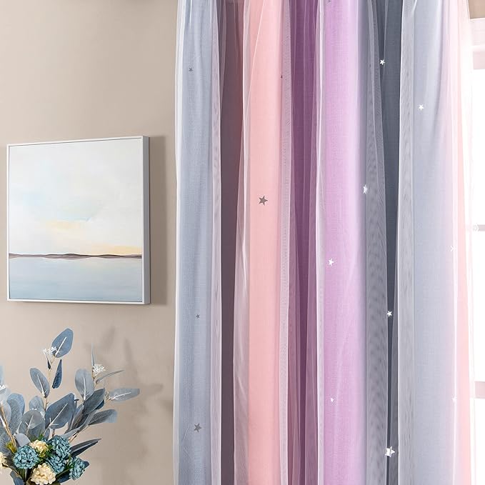 XiDi Curtains for Bedroom Decor, Rainbow GreyPinkPu-52-96 - Image 3