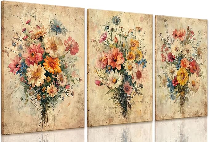 KISSFOX Framed Colorful Wildflower Canvas Wall Art Set Of 3 Flowers Pictures by KISSFOX