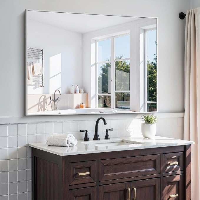 KOCUUY Silver Bathroom Mirror, HD Tempered Glass, Anti-Rust Brushed Silver Frame by KOCUUY