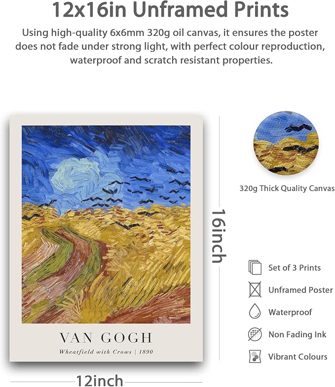HesenDot Unframed Vincent Van Gogh Wall Art Prints Set of 3, 12x16in Classic - Image 2