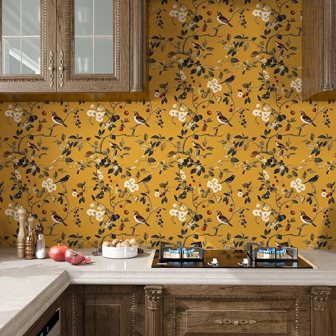 Laatse Vintage Bird Wallpaper 17.5"x393" Yellow Chinoiserie Floral Wallpaper - Image 2