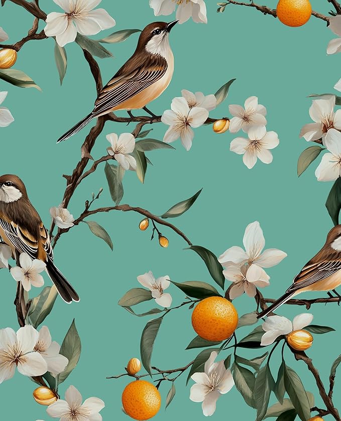Teal White Bird Floral Wallpaper Peel and Stick, Fresh Orange Tree Contact Paper by Laatse