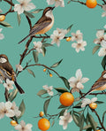 Teal White Bird Floral Wallpaper Peel and Stick, Fresh Orange Tree Contact Paper by Laatse