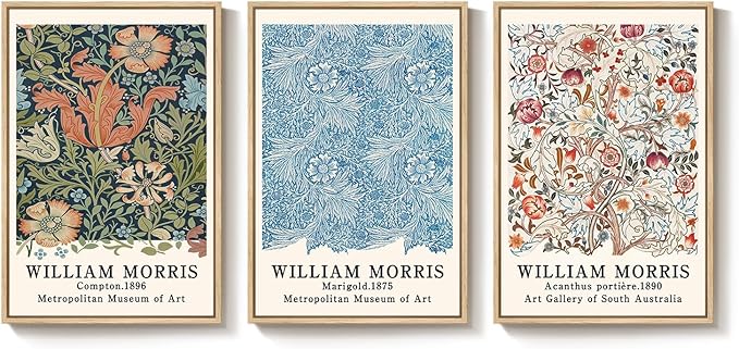 Framed William Morris Wall Art Set of 3, Large Vintage Floral Botanical Canvas by Cuspin