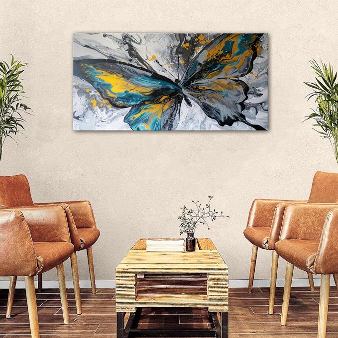 Abstract Butterfly Wall Art Teal Grey Yellow Butterfly Wall Decor Modern Marble - Image 3