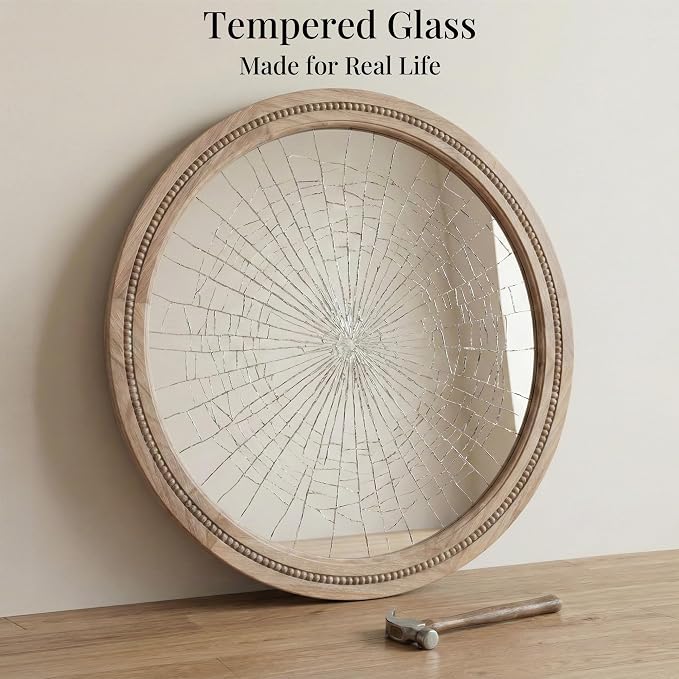 36" Large Round Wood Mirror for Living Room Fireplace, Big Solid Wood Wall - Image 8