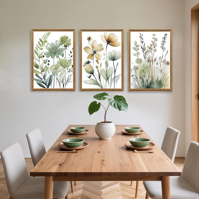 SYWENNOI Wood Framed Green Botanical Canvas Wall Art, Boho Floral Watercolor - Image 5