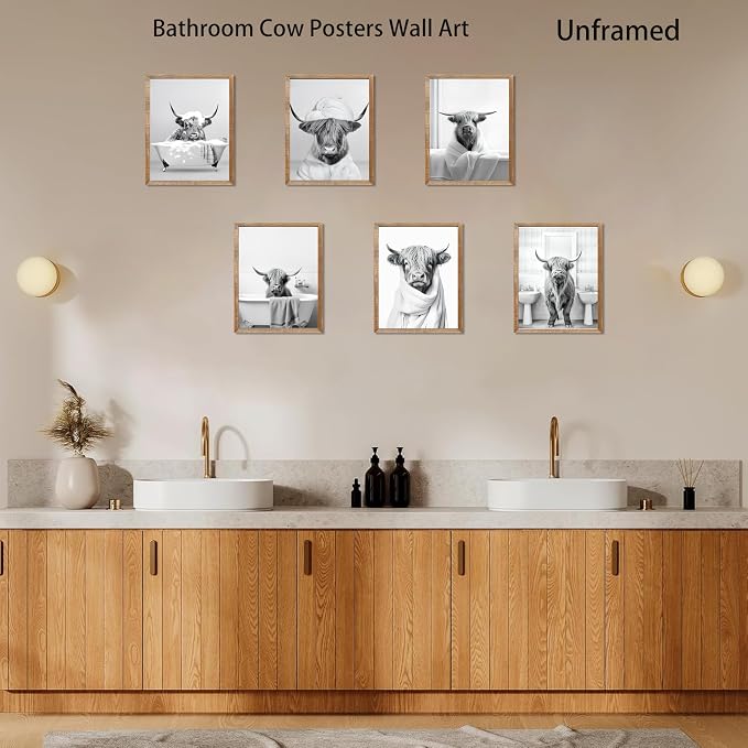 SEHSUVC Funny Bathroom Cow Posters Wall Art Set of 9, Vintage Black and White - Image 5