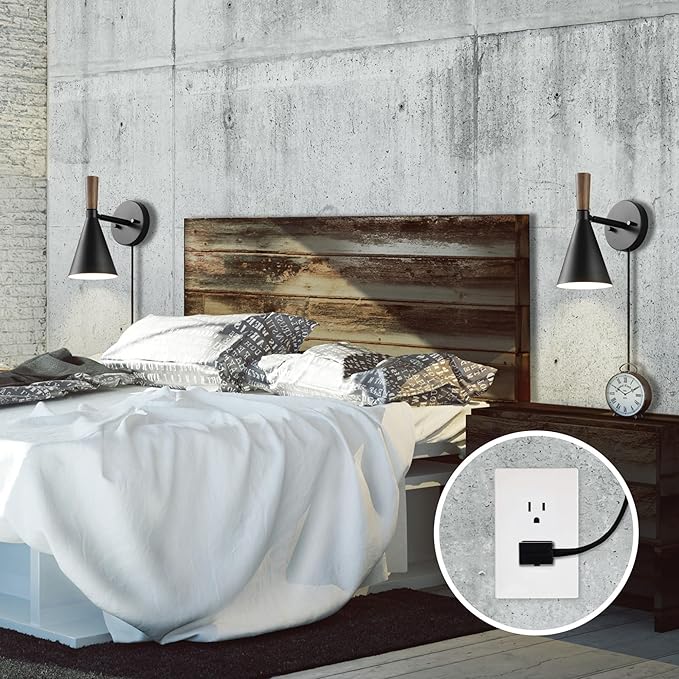 Globe Electric Plug-in or Hardwire Wall Sconce, Matte Black, Wood-Tone Switch - Image 2