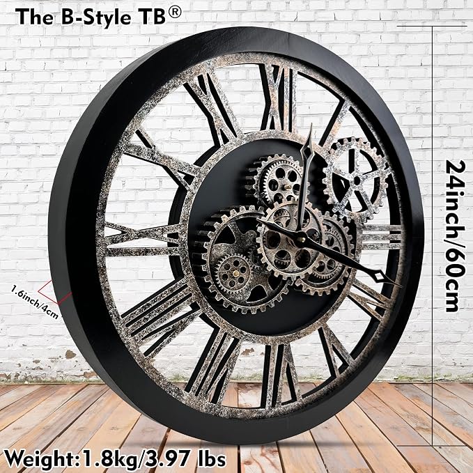 The B-Style Large 24 inch Moving Gear Wall Clock Oversized Vintage Farmhouse - Image 2