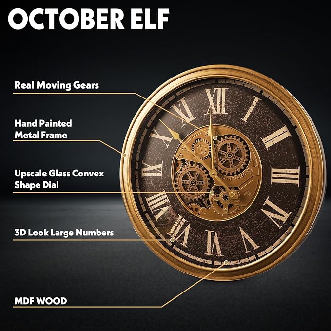 October Elf Large Real Moving Gears Wall Clock 24 Inch Vintage Industrial - Image 2