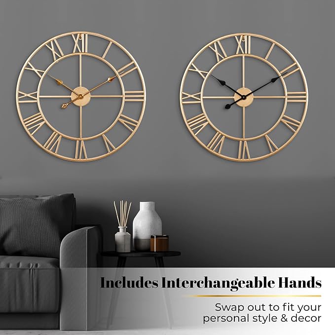 CLXEAST Champagne Gold Metal Wall Clock, Large Roman Numeral 24 Inch Wall Clocks - Image 4