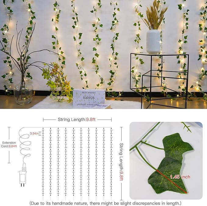 suddus 300 LED Vines with Lights Plug in, 9.8ft x 9.8ft Fairy Lights with Vines - Image 5