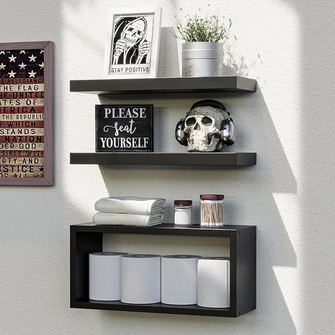RICHER HOUSE Black Floating Shelves Set of 3, Modern Bathroom Shelves Wall by RicherHouse