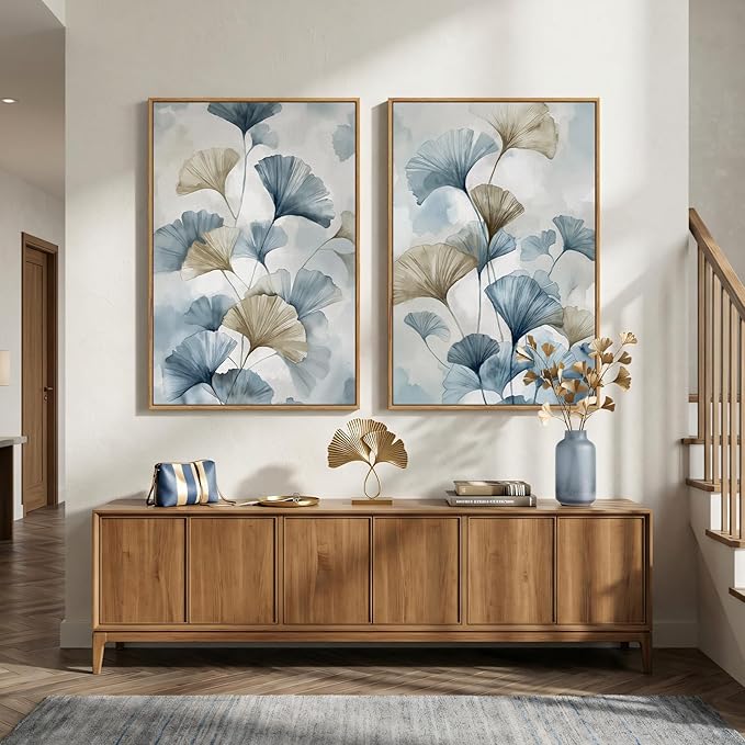 Large Framed Blue Botanical Wall Art Set of 2, Neutral Minimalist Canvas - Image 4