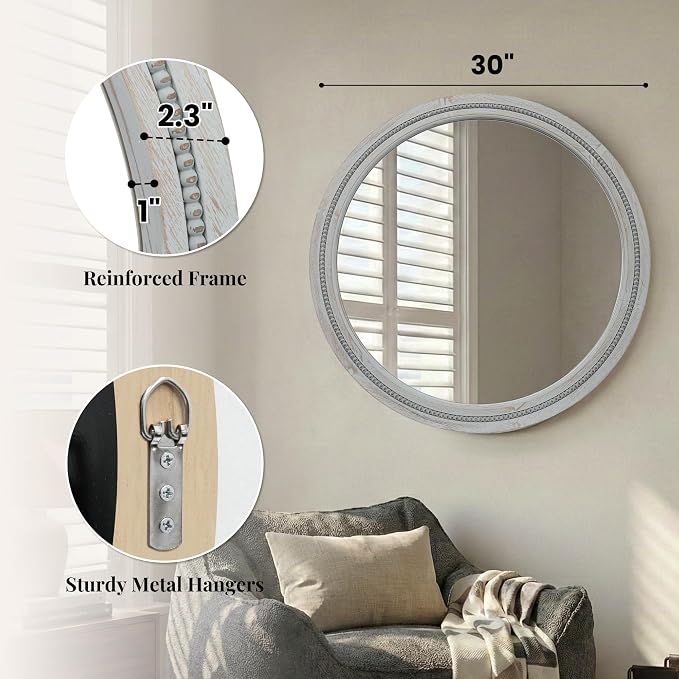 30 Inch Round Farmhouse Mirror for Bathroom Vanity, Distressed Grey Solid Wood - Image 8