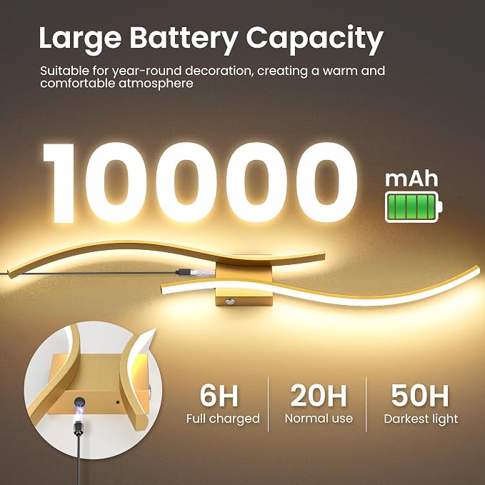 Battery Operated Wall Sconces Set of Two, 10000mAh Rechargeable Modern Wall - Image 2
