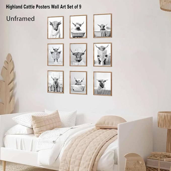 SEHSUVC Funny Bathroom Cow Posters Wall Art Set of 9, Vintage Black and White - Image 4