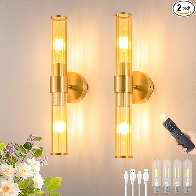 Morauroral Gold Battery Operated Wall Sconces Set of 2, Rechargeable Wall Lights by Morauroral