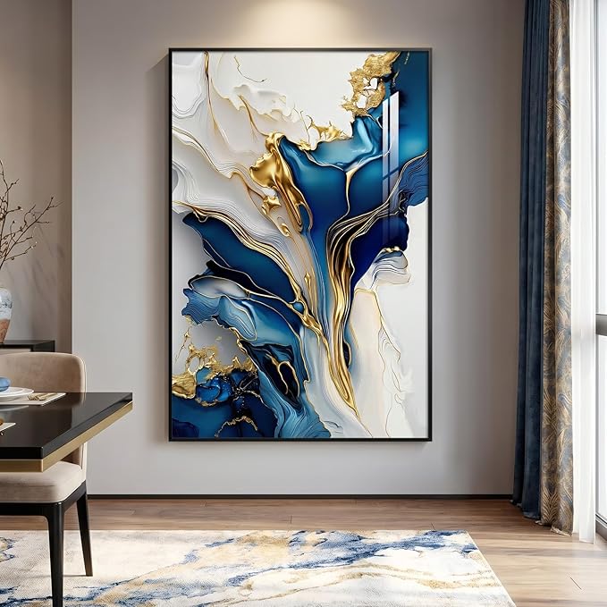 Extra Large Black Framed Gold and Blue Abstract Wall Art - Image 2