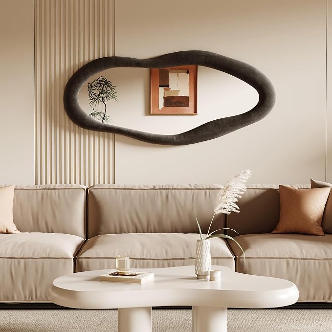 Honyee 55" x 24" Wavy Mirror, Flannel Wrapped Wooden Frame, Irregular Hanging - Image 3