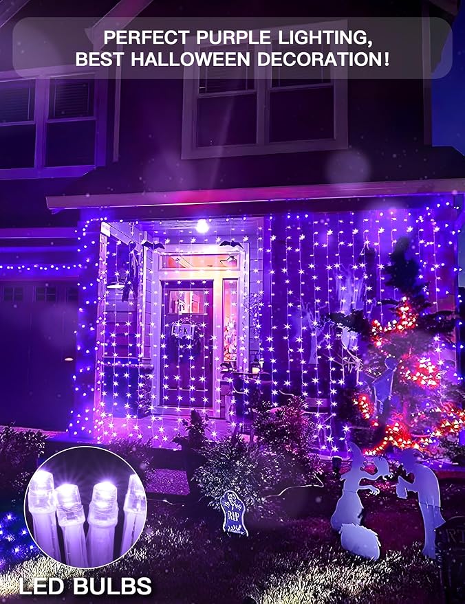 suddus Purple Curtain Lights for Halloween, 200 LED Hanging String Lights - Image 6