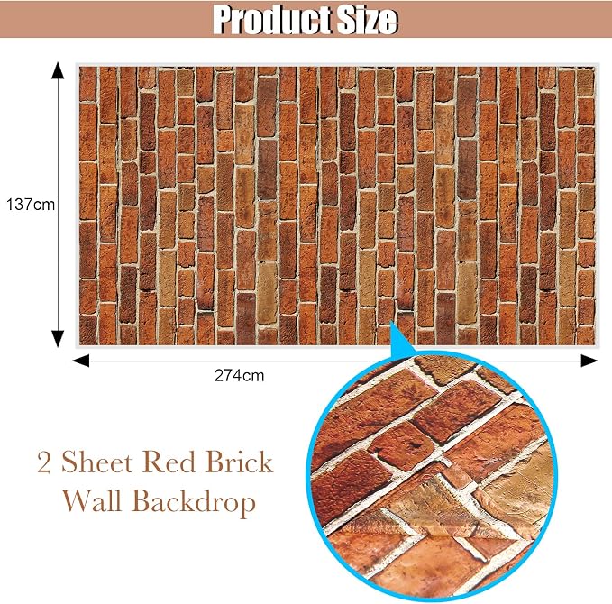 Chuangdi 2pcs 4.5 x 9 Feet Brick Wallpaper Peel and Stick Backdrop Tablecloth - Image 2
