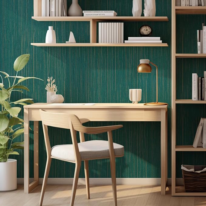 Teal Grasscloth Peel and Stick Wallpaper Vintage Texture Removable Waterproof - Image 7
